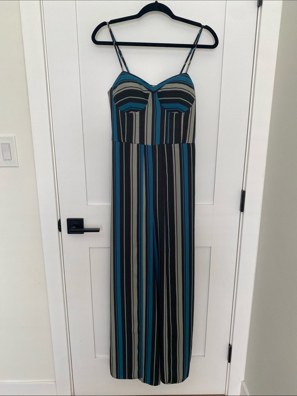 lovestitch Teal, Black & Gray Striped Wide-Leg Jumpsuit
